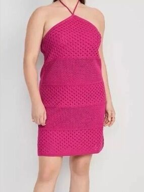 OLD NAVY Women's Crochet Knit Halter Tie Neck Strap Cotton Pink Dress Size: XL